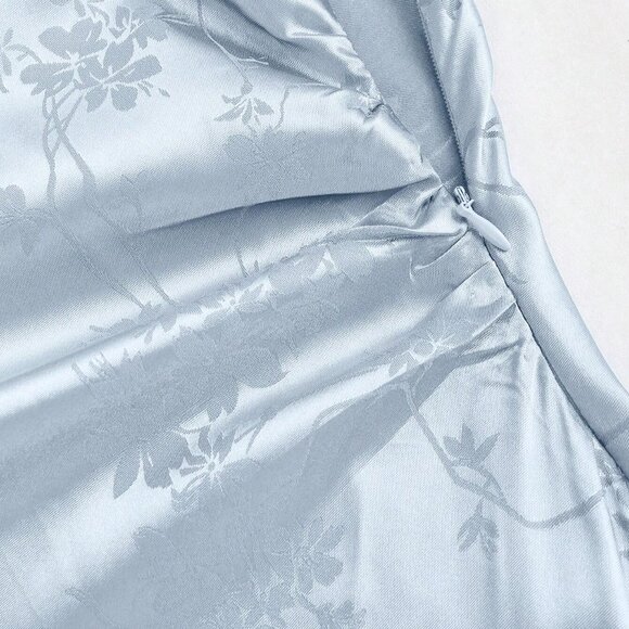 Ice Blue Satin Slip Dress Cinched Waist Split Front Floral Print Spaghetti Strap - Picture 3 of 6